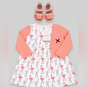 NWT Hudson Baby Girl Flamingo Dress, Cardigan & Shoe Set 18M